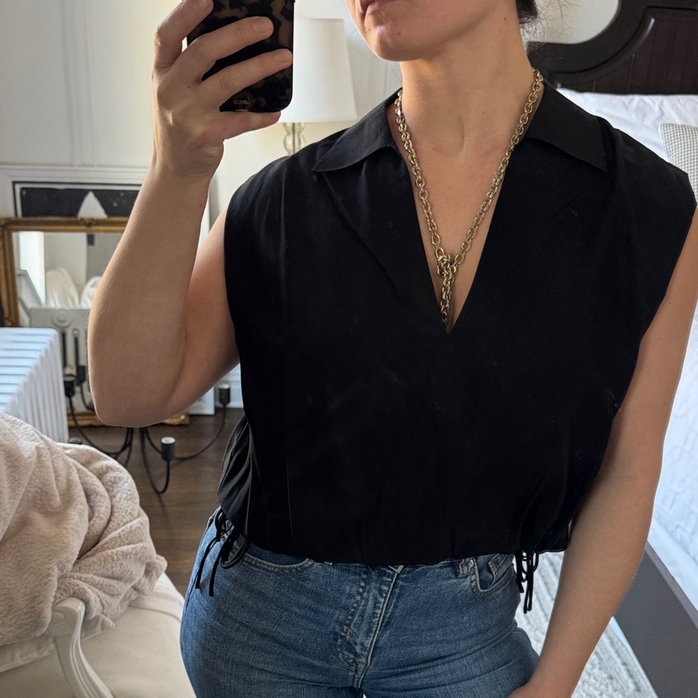 rag & bone Black Sleeveless Collared V-Neck Tank with Side Ties